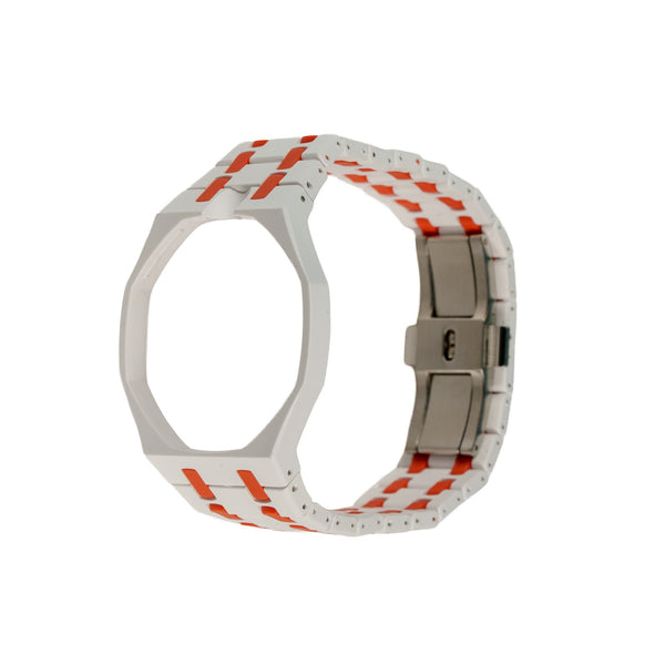 White & Orange Ceramic Watch Strap Band with Ceramic Case Mod Kit For Swatch X AP Royal Pop