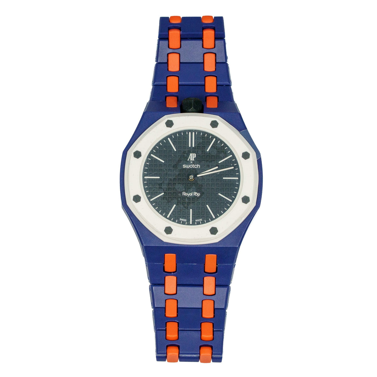 Navy & Orange Ceramic Watch Strap Band with Ceramic Case Mod Kit For Swatch X AP Royal Pop