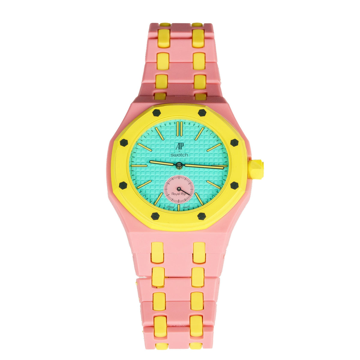 Pink & Yellow Ceramic Watch Strap Band with Ceramic Case Mod Kit For Swatch X AP Royal Pop