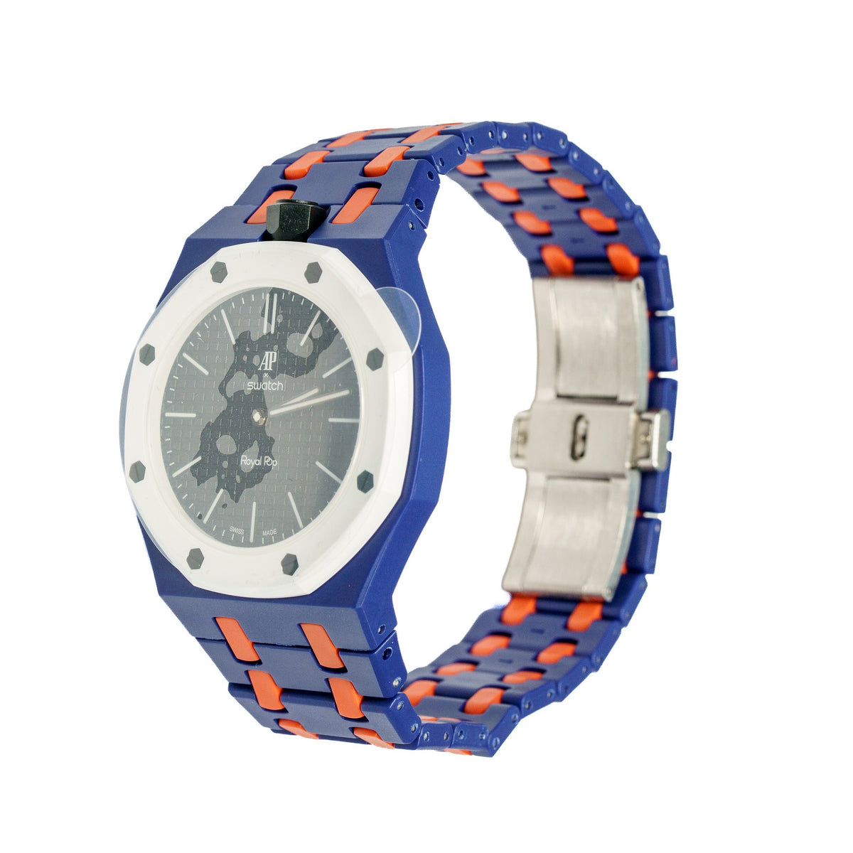 Navy & Orange Ceramic Watch Strap Band with Ceramic Case Mod Kit For Swatch X AP Royal Pop