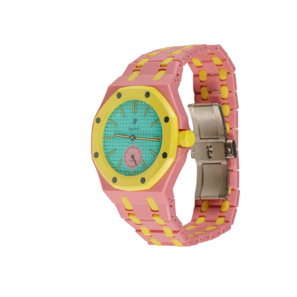 Pink & Yellow Ceramic Watch Strap Band with Ceramic Case Mod Kit For Swatch X AP Royal Pop