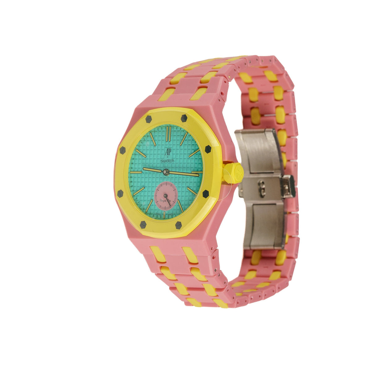 Pink & Yellow Ceramic Watch Strap Band with Ceramic Case Mod Kit For Swatch X AP Royal Pop