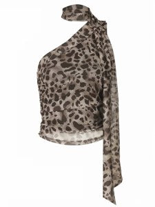 One-Shoulder Draped Top — leopard