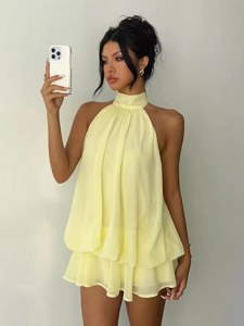 Tiered Chiffon Halter Mini Dress — cream